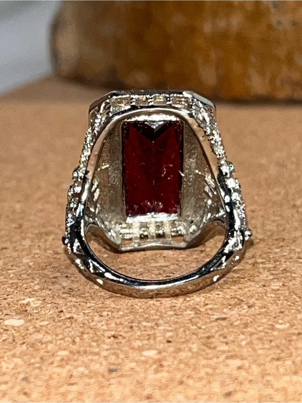 925 Sterling Silver Ruby Red Emerald Cut Cocktail Ring CZ Halo Filigree Size 6